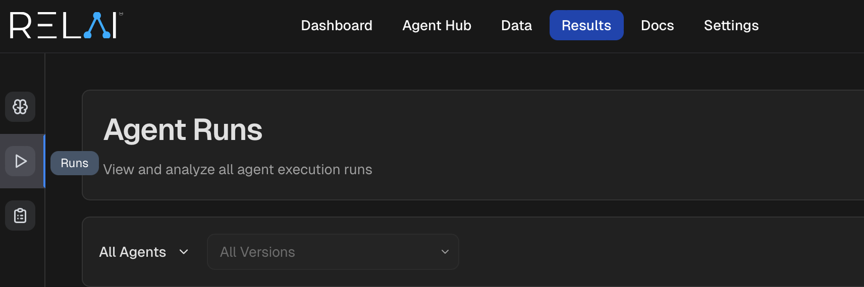 RELAI platform->Results->Run